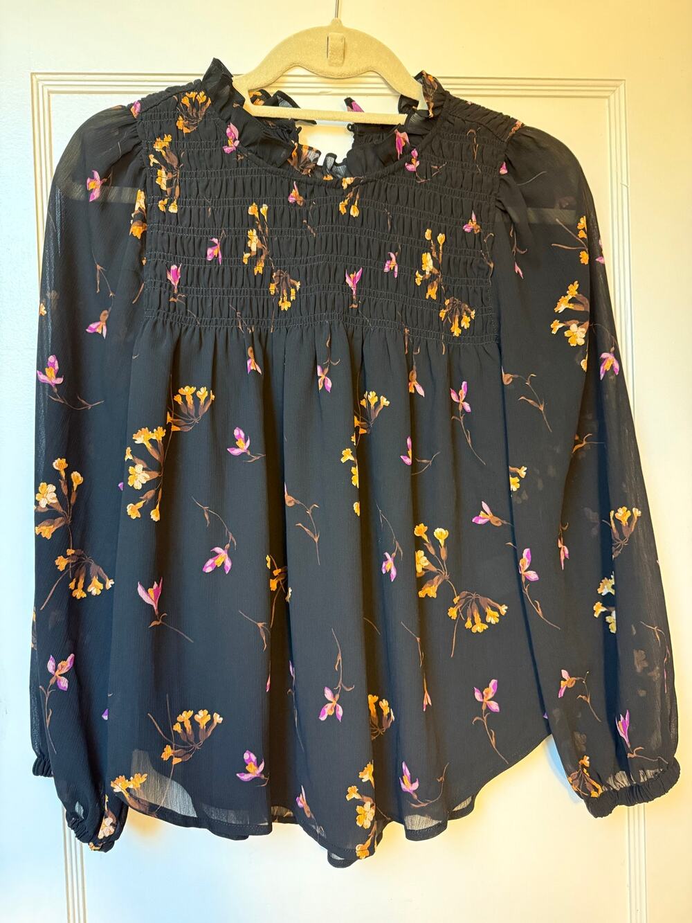 Madewell Falling Freesias Georgette Smocked Ruffle Collar Blouse Floral size xs